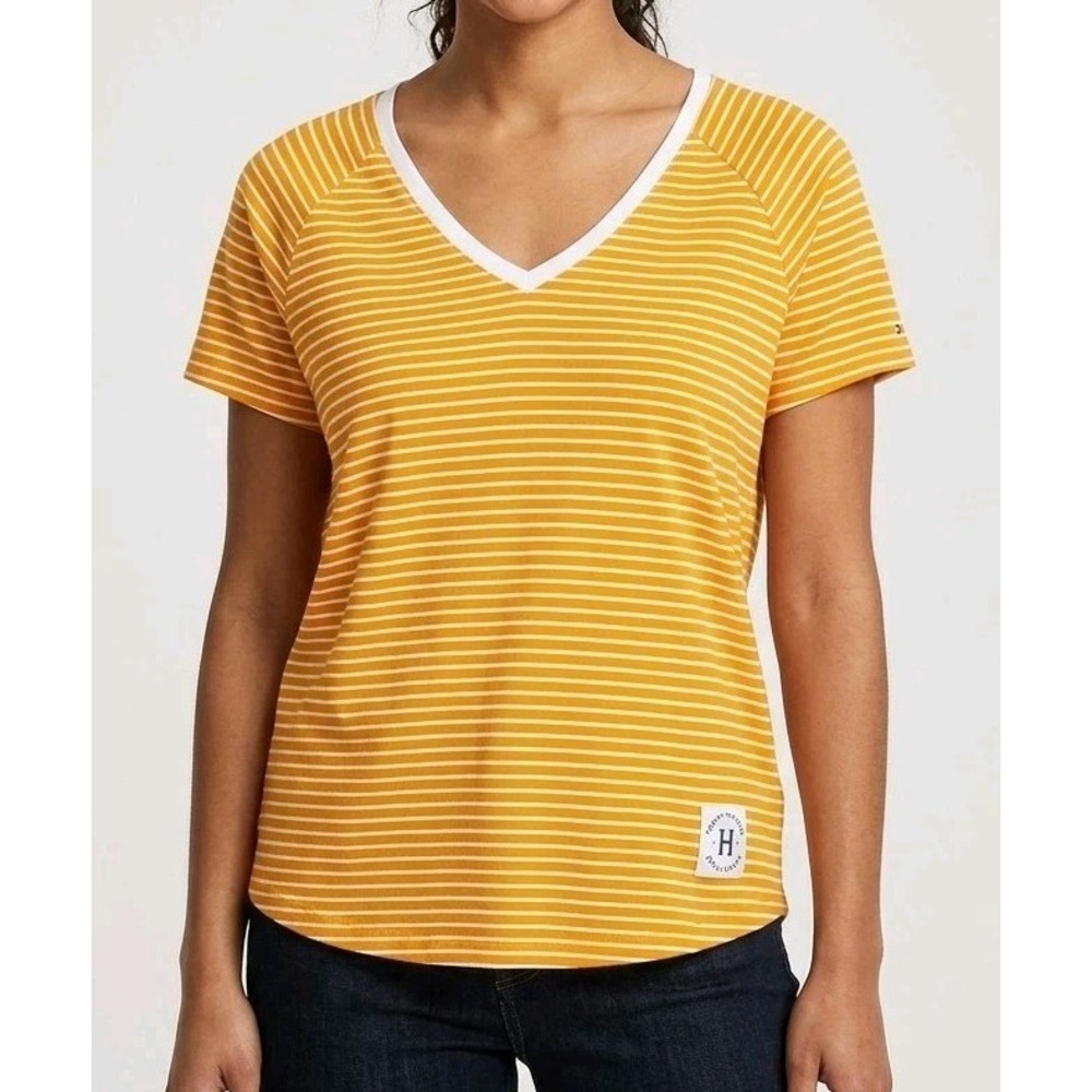 Tommy Hilfiger Sport T-Shirt Womens XL Yellow White Striped V-Neck TP3T0684
